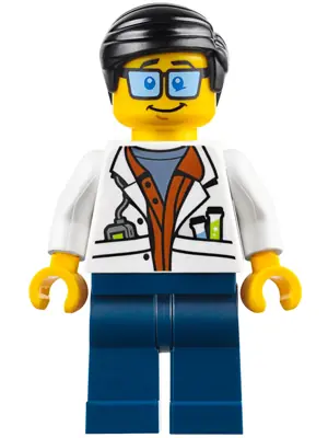 CTY0789:  City Jungle Scientist - White Lab Coat with Test Tubes, Dark Blue Legs, Black Smooth Hair