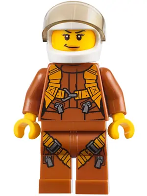 CTY0794:  City Jungle Helicopter Pilot Female - Dark Orange Jumpsuit, Dark Orange Legs with Straps, White Helmet, Trans-Brown Visor, Nougat Lips