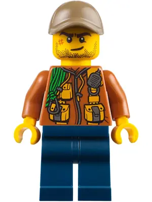 CTY0795:  City Jungle Explorer - Dark Orange Jacket with Pouches, Dark Blue Legs, Dark Tan Cap with Hole, Crooked Smile and Scar