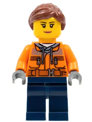 CTY0798:  Cargo Center Worker - Female, Orange Safety Jacket, Reflective Stripe, Sand Blue Hoodie, Dark Blue Legs, Reddish Brown Hair, Nougat Lips