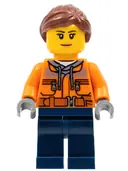 Minifigurka: CTY0798:  Cargo Center Worker - Female, Orange Safety Jacket, Reflective Stripe, Sand Blue Hoodie, Dark Blue Legs, Reddish Brown Hair, Nougat Lips