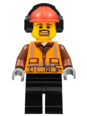 CTY0799:  Cargo Center Worker - Male, Orange Safety Vest, Reflective Stripes, Reddish Brown Shirt, Black Legs, Red Construction Helmet with Black Ear Protectors / Headphones, Goatee