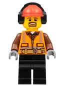 Minifigurka: CTY0799:  Cargo Center Worker - Male, Orange Safety Vest, Reflective Stripes, Reddish Brown Shirt, Black Legs, Red Construction Helmet with Black Ear Protectors / Headphones, Goatee