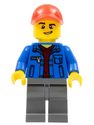 CTY0800:  Truck Driver - Blue Jacket over Dark Red V-Neck Sweater, Dark Bluish Gray Legs, Red Cap with Hole, Lopsided Grin