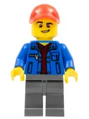 Minifigurka: CTY0800:  Truck Driver - Blue Jacket over Dark Red V-Neck Sweater, Dark Bluish Gray Legs, Red Cap with Hole, Lopsided Grin