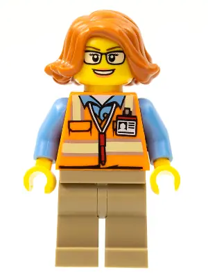CTY0801:  Cargo Office Worker - Orange Safety Vest with Reflective Stripes, Dark Tan Legs, Dark Orange Female Hair Short Swept Sideways, Glasses