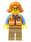 Minifigurka: CTY0801:  Cargo Office Worker - Orange Safety Vest with Reflective Stripes, Dark Tan Legs, Dark Orange Female Hair Short Swept Sideways, Glasses