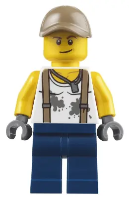 CTY0802:  City Jungle Engineer - White Shirt with Suspenders and Dirt Stains, Dark Blue Legs, Dark Tan Cap with Hole, Smirk