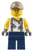 Minifigurka: CTY0802:  City Jungle Engineer - White Shirt with Suspenders and Dirt Stains, Dark Blue Legs, Dark Tan Cap with Hole, Smirk