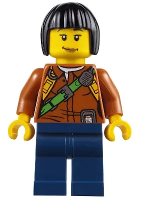 CTY0806:  City Jungle Explorer Female - Dark Orange Shirt with Green Strap, Dark Blue Legs, Black Bob Cut Hair, Medium Nougat Lips Lopsided Smile