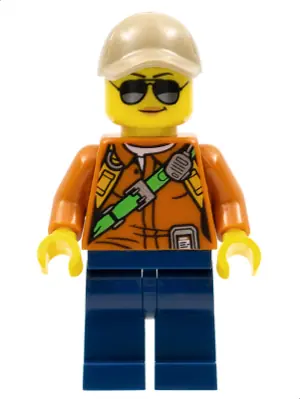 CTY0808:  City Jungle Explorer Female - Dark Orange Shirt with Green Strap, Dark Blue Legs, Dark Tan Cap with Hole, Sunglasses