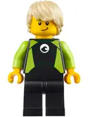 Minifigurka: CTY0811:  Coast Guard City - Surfer in Black and Lime Wetsuit, Tan Wavy Hair