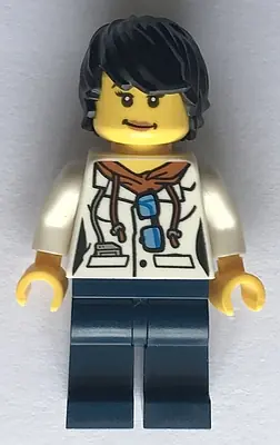 CTY0814:  City Jungle Scientist Female - White Lab Coat with Sunglasses, Dark Blue Legs, Black Tousled Hair