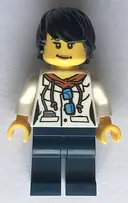 Minifigurka: CTY0814:  City Jungle Scientist Female - White Lab Coat with Sunglasses, Dark Blue Legs, Black Tousled Hair
