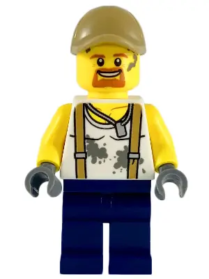 CTY0815:  City Jungle Engineer - White Shirt with Suspenders and Dirt Stains, Dark Blue Legs, Dark Tan Cap with Hole, Goatee