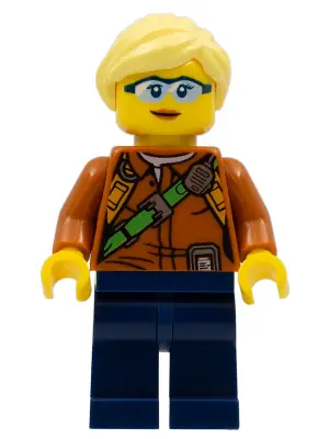 CTY0822:  City Jungle Explorer Female - Dark Orange Shirt with Green Strap, Dark Blue Legs, Bright Light Yellow Ponytail and Swept Sideways Fringe