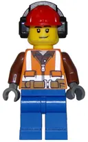 Minifigurka: CTY0840:  Forester - Male, Orange Safety Vest, Reflective Stripes, Reddish Brown Shirt, Blue Legs, Red Construction Helmet with Black Ear Protectors / Headphones, Stubble