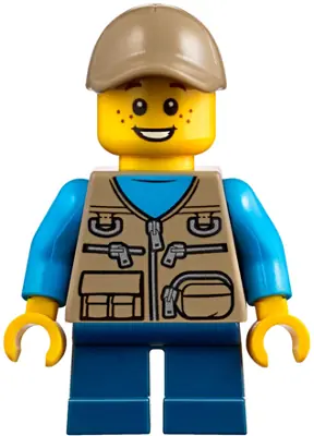 CTY0845:  Child - Boy, Dark Tan Vest over Dark Azure Shirt, Dark Blue Short Legs, Dark Tan Cap, Freckles
