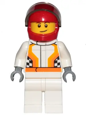 CTY0874:  Race Car Driver, White Racing Suit with Orange Stripes and Checkered Pattern, Red Helmet, Crooked Smile with Brown Dimple