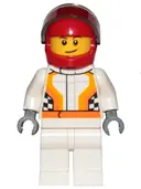 Minifigurka: CTY0874:  Race Car Driver, White Racing Suit with Orange Stripes and Checkered Pattern, Red Helmet, Crooked Smile with Brown Dimple