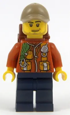 CTY0886:  City Jungle Explorer - Dark Orange Jacket with Pouches, Dark Blue Legs, Dark Tan Cap with Hole, Smirk and Stubble Beard with Backpack