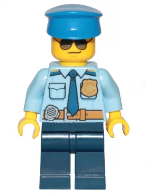CTY0888:  Police - City Officer Shirt with Dark Blue Tie and Gold Badge, Dark Tan Belt with Radio, Dark Blue Legs, Police Hat, Sunglasses