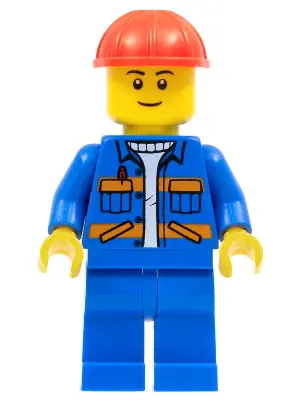 CTY0889:  Blue Jacket with Diagonal Lower Pockets and Orange Stripes, Blue Legs, Red Construction Helmet