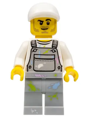 CTY0897:  Painter - Male, Light Bluish Gray Overalls with Paint Splotches, White Cap, Stubble