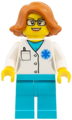 CTY0900:  Doctor - EMT Star of Life, Medium Azure Legs, Dark Orange Female Hair Short Swept Sideways, Glasses