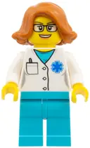 Minifigurka: CTY0900:  Doctor - EMT Star of Life, Medium Azure Legs, Dark Orange Female Hair Short Swept Sideways, Glasses