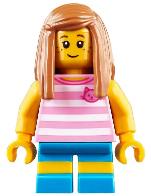 CTY0907:  Child - Girl, Bright Pink Striped Shirt with Cat Head, Dark Azure Short Legs with Molded Yellow Stripes, Medium Nougat Long Hair, Freckles
