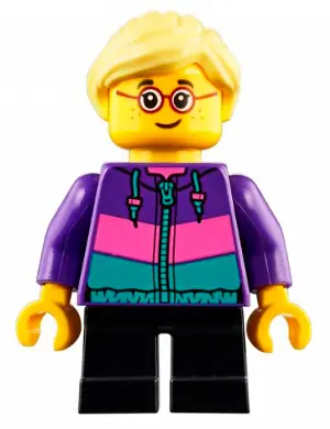 CTY0908:  Child - Girl, Dark Purple Jacket, Black Short Legs, Bright Light Yellow Ponytail, Glasses, Freckles