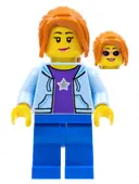 Minifigurka: CTY0911:  Hiker, Female, Bright Light Blue Hoodie over Dark Purple Star Shirt, Dark Orange Ponytail Long with Side Bangs