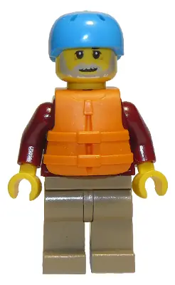 CTY0913:  Man, Dark Red Jacket with Bright Light Blue Shirt, Dark Tan Legs, Orange Life Jacket, Dark Azure Sports Helmet, Beard (Rafter)
