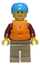 Minifigurka: CTY0913:  Man, Dark Red Jacket with Bright Light Blue Shirt, Dark Tan Legs, Orange Life Jacket, Dark Azure Sports Helmet, Beard (Rafter)