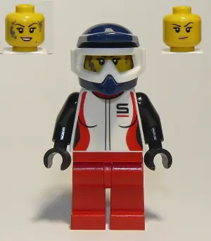 CTY0916:  Trail Cyclist, Female, Red and White Racing Jacket, Dark Blue Dirt Bike Helmet