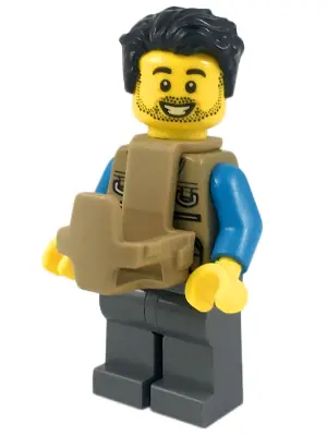 CTY0919:  Camper - Male, Dark Tan Vest over Dark Azure Shirt, Dark Bluish Gray Legs, Black Tousled Hair, Baby Carrier