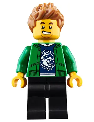 CTY0920:  Hiker, Male, Green Jacket over Raccoon Shirt, Black Legs, Medium Nougat Spiked Hair