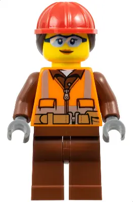 CTY0934:  Construction Worker - Female, Orange Safety Vest, Reflective Stripes, Reddish Brown Shirt and Legs, Red Construction Helmet with Dark Brown Ponytail Hair, Safety Glasses