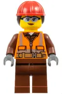 Minifigurka: CTY0934:  Construction Worker - Female, Orange Safety Vest, Reflective Stripes, Reddish Brown Shirt and Legs, Red Construction Helmet with Dark Brown Ponytail Hair, Safety Glasses