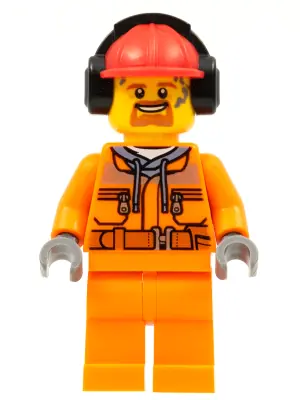 CTY0935:  Construction Worker - Male, Orange Safety Jacket, Reflective Stripe, Sand Blue Hoodie, Orange Legs, Red Construction Helmet with Black Ear Protectors / Headphones, Goatee