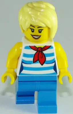 CTY0938:  Ice Cream Vendor - Female, Dark Azure and White Striped Shirt with Red Scarf, Dark Azure Legs, Bright Light Yellow Short Tousled Hair with Side Part