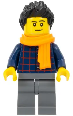 CTY0939:  Street Performer / Busker - Male, Dark Blue Plaid Button Shirt, Dark Bluish Gray Legs, Black Spiked Hair, Orange Scarf, Stubble