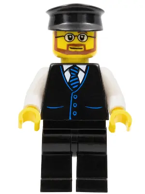 CTY0944:  Bus Driver - Male, Black Vest with Blue Striped Tie, Black Legs, Black Hat, Glasses and Beard