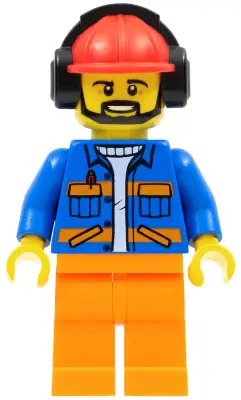 CTY0949:  Airport Flagger - Male, Blue Jacket with Diagonal Lower Pockets and Orange Stripes, Orange Legs, Red Construction Helmet with Black Ear Protectors / Headphones
