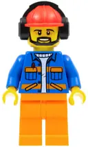 Minifigurka: CTY0949:  Airport Flagger - Male, Blue Jacket with Diagonal Lower Pockets and Orange Stripes, Orange Legs, Red Construction Helmet with Black Ear Protectors / Headphones