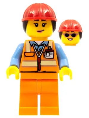 CTY0950:  Airport Luggage Handler - Female, Orange Safety Vest with Reflective Stripes, Orange Legs, Red Construction Helmet with Dark Brown Ponytail Hair