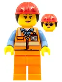 Minifigurka: CTY0950:  Airport Luggage Handler - Female, Orange Safety Vest with Reflective Stripes, Orange Legs, Red Construction Helmet with Dark Brown Ponytail Hair