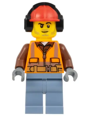 CTY0955:  Construction Worker - Male, Orange Safety Vest, Reflective Stripes, Reddish Brown Shirt, Sand Blue Legs, Red Construction Helmet with Black Ear Protectors / Headphones, Stubble