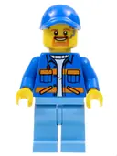 Minifigurka: CTY0956:  Garbage Worker - Male, Blue Jacket with Diagonal Lower Pockets and Orange Stripes, Medium Blue Legs, Blue Cap with Hole, Goatee and Splotches